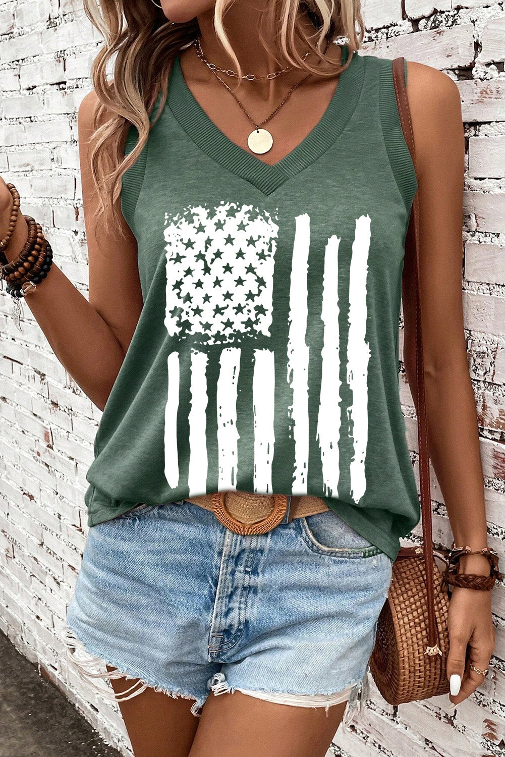 Frayed American Flag Printed V Neck Tank Top | Mist Green