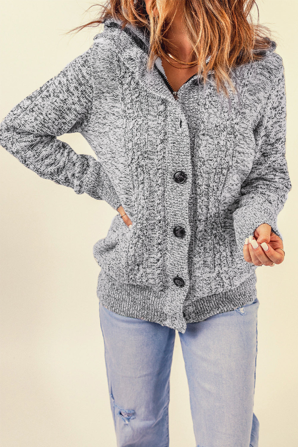 Dark Gray Long Sleeve Button-Up Hooded Cardigans | as shown