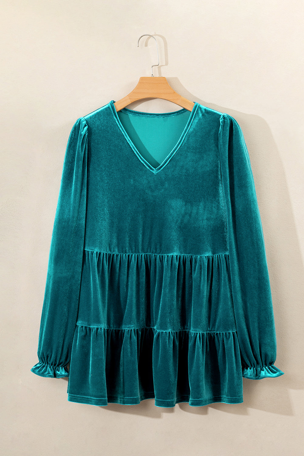 Velvet V Neck Peplum Hem Puff Sleeve Blouse | Sea Green