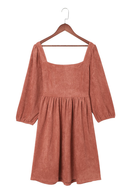 Suede Square Neck Puff Sleeve Dress | Brown