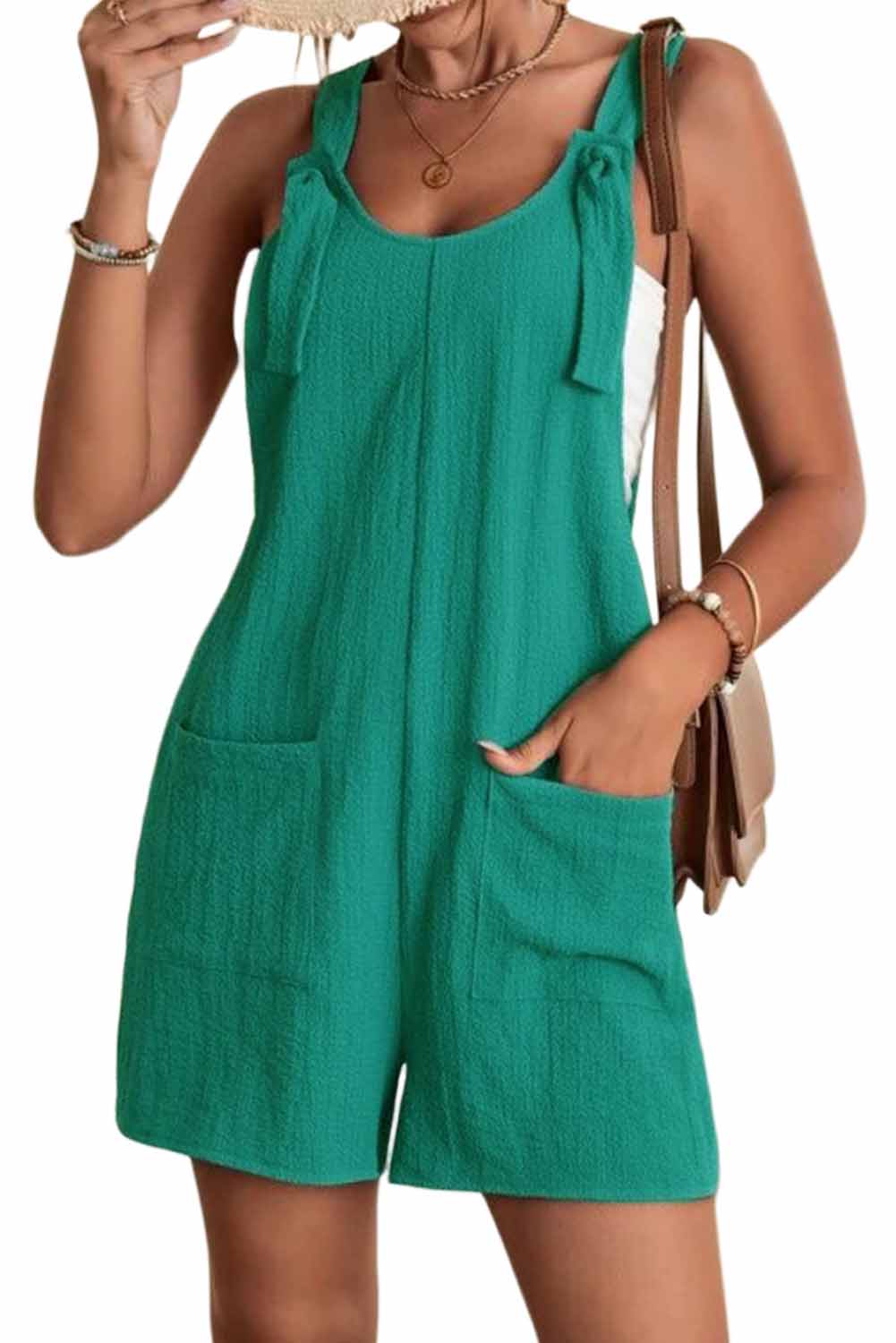 Adjustable Straps Pocketed Textured Romper | Green