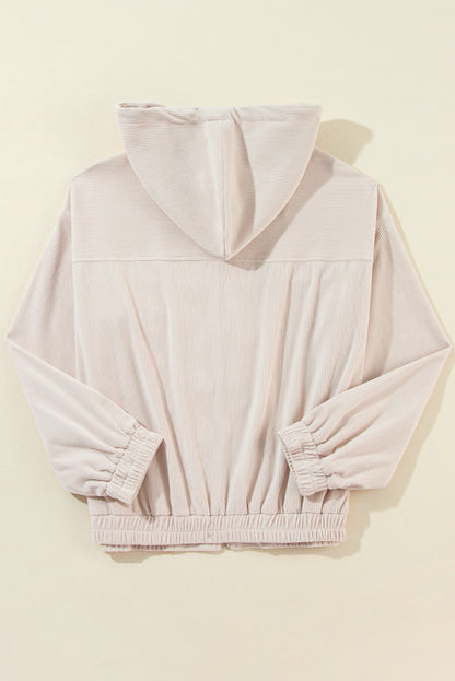 Corduroy Drawstring Hooded Pocket Zip Up Jacket | White