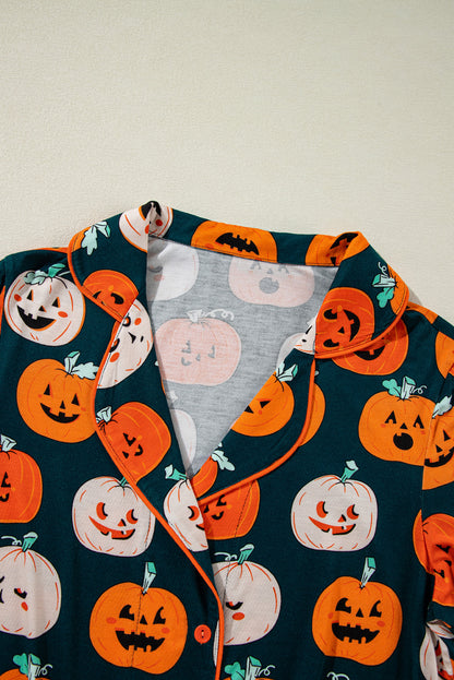 Halloween Pattern Short Sleeve Shirt Pajama Set | Orange