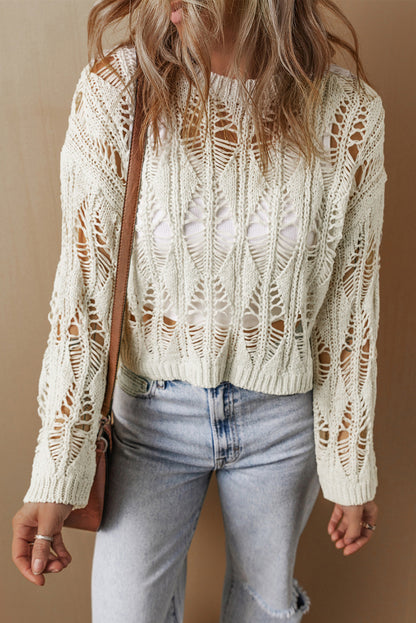 Cut Out Crochet Crew Neck Loose Fit Sweater | White