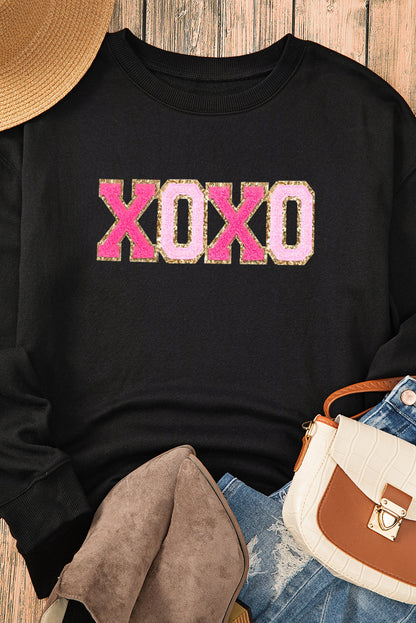 Chenille Xoxo Patched Drop Shoulder Valentines Pullover Sweatshirt | Black