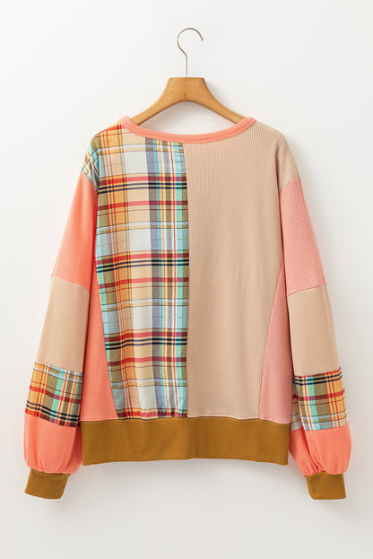 Waffle Knit Plaid Patchwork Side Slits Loose Sweatshirt | Multicolour