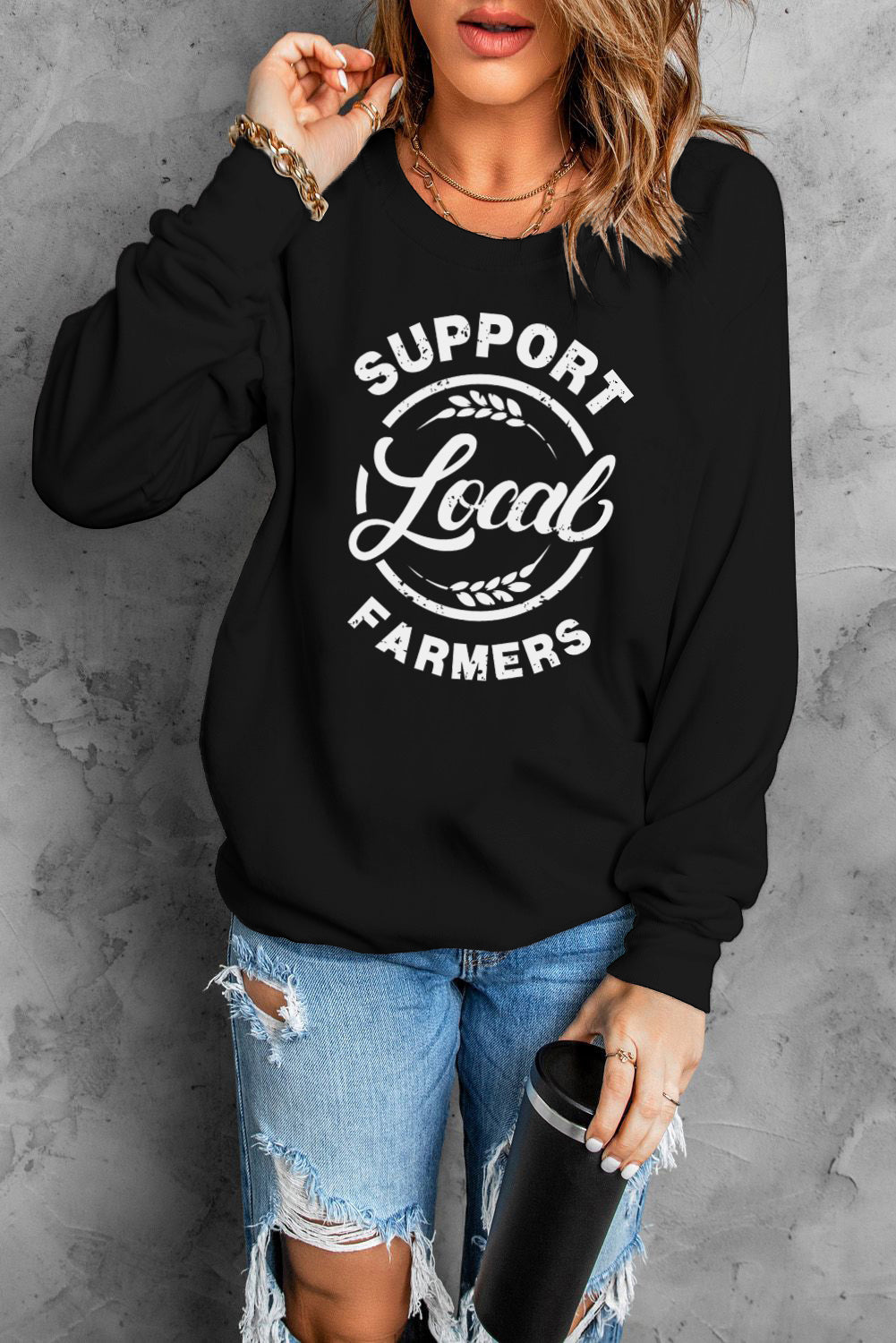 Support Local Farmers Print Long Sleeve Sweatshirt | Black