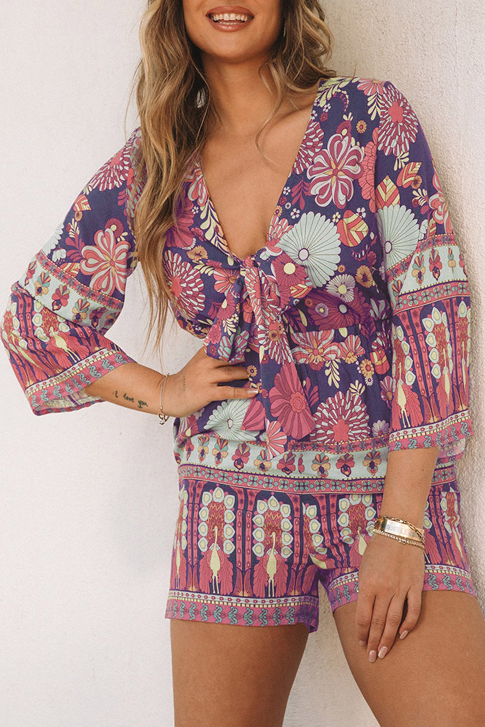 Vintage Printed 3/4 Sleeves V Neck Romper | Purple