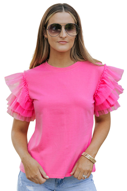 Tulle Ruffle Sleeve Blouse | Pink