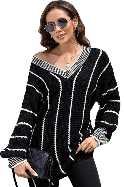 Colourblock Striped V Neck Knitted Loose Sweater | Black