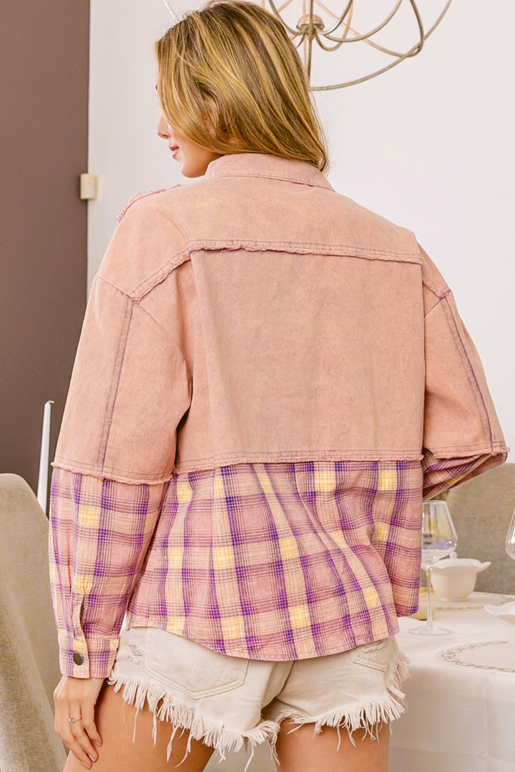 Frayed Patchwork Plaid Contrast Jacket | Pink