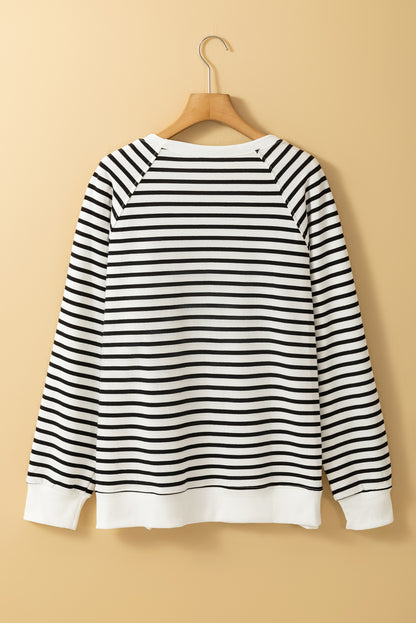 Raglan Sleeve Side Slits Loose Sweatshirt | Black Stripe