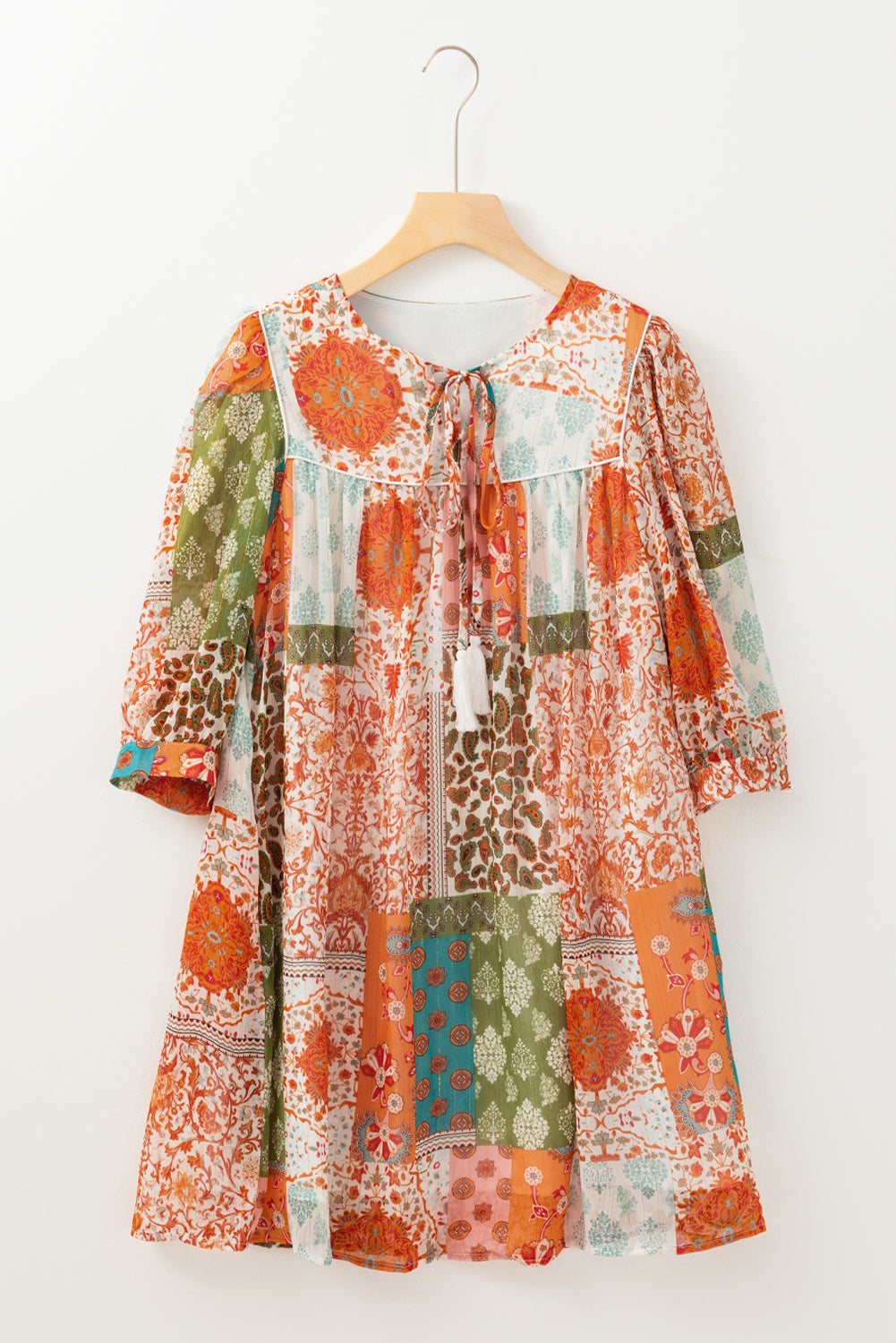 Boho Paisley Mixed Print 3/4 Sleeve Chiffon Loose Dress | Orange