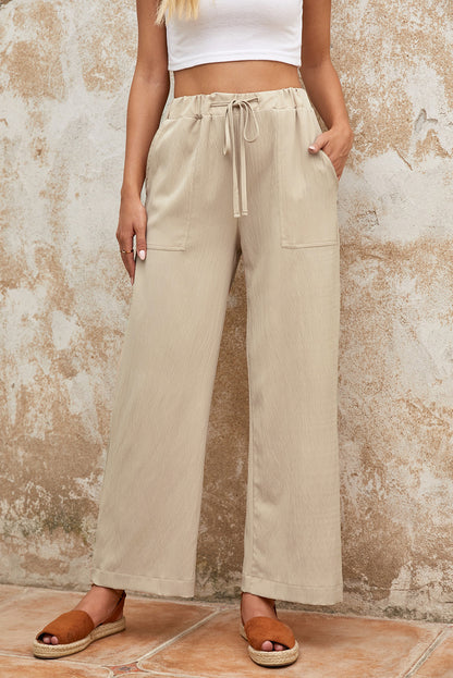 Drawstring Waist Crinkled Wide Leg Pants | Khaki