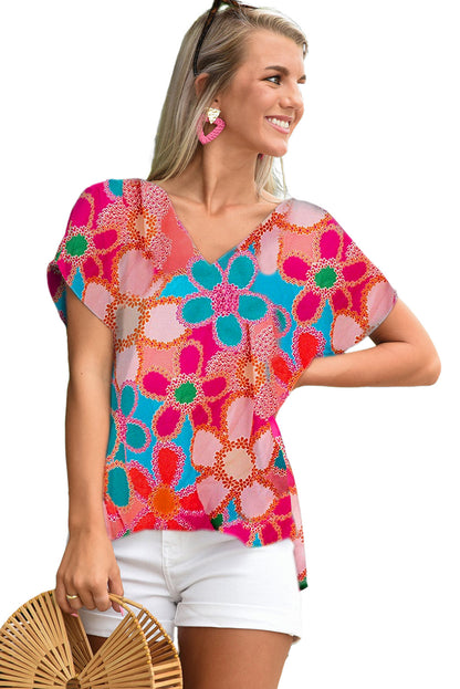 Abstract Print V Neck Dolman Blouse | Pink