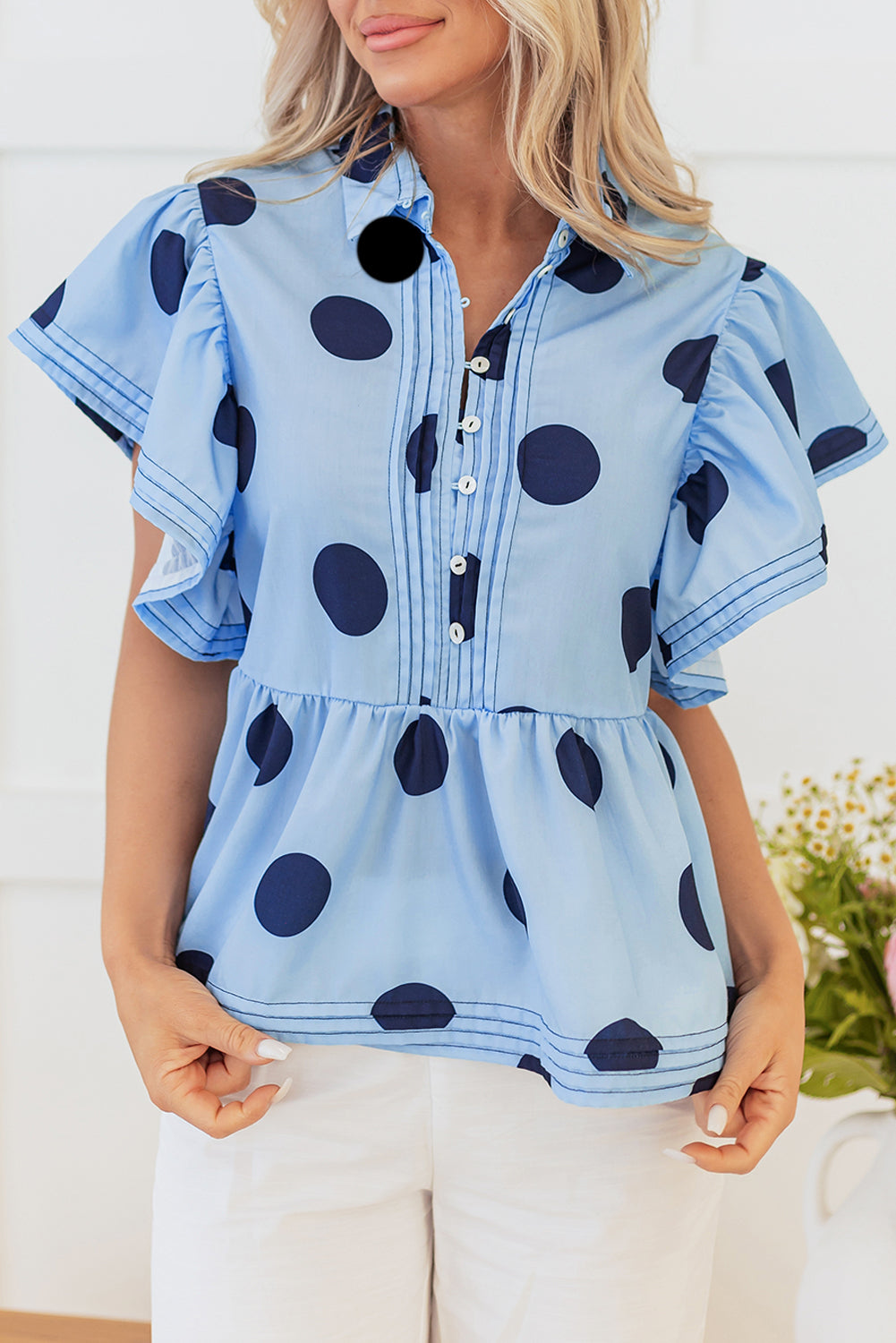 Polka Dot Print Ruffled Short Sleeve Buttoned Collared Blouse | Sky Blue