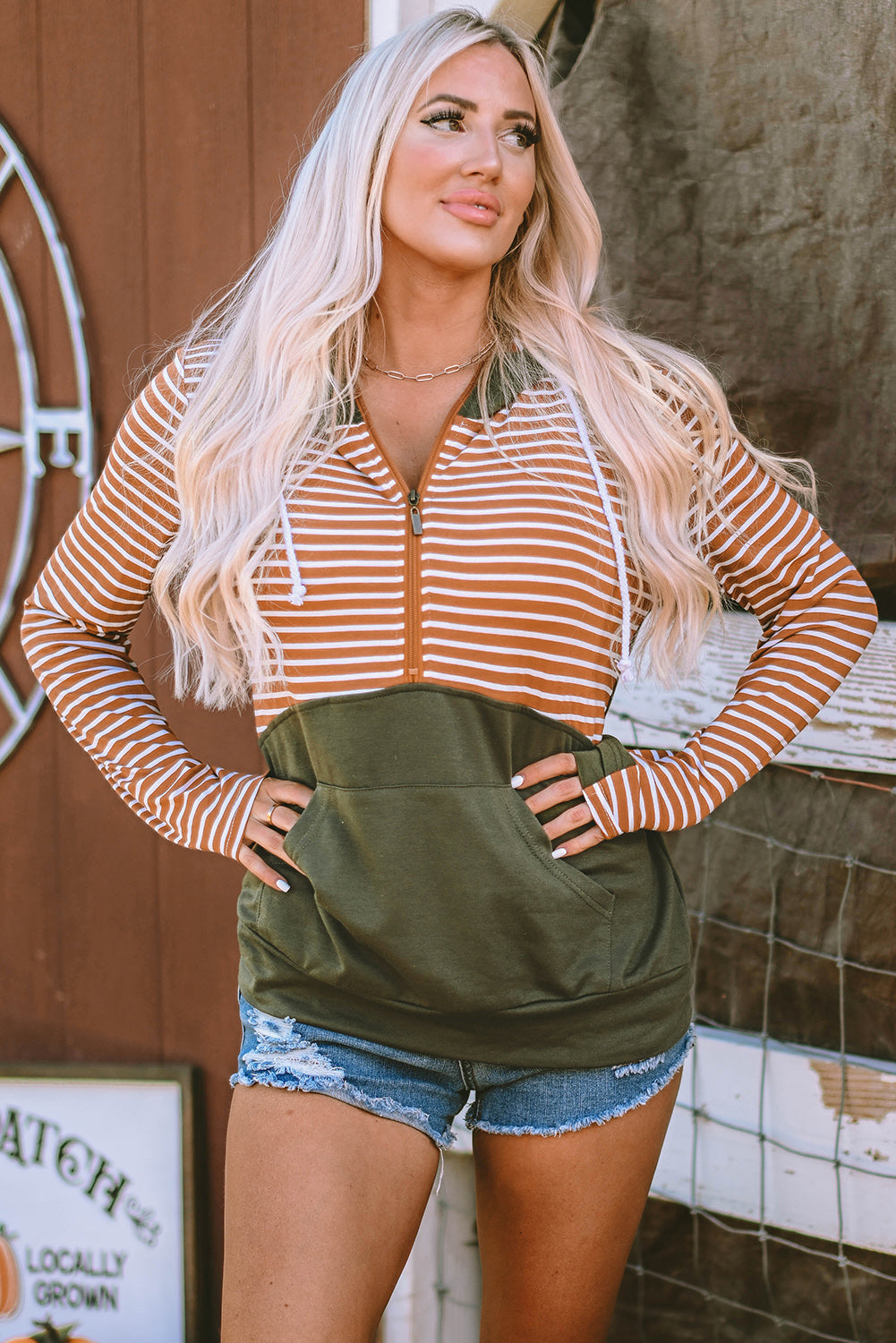 Striped Colour Block Patchwork Thumbhole Sleeve Hoodie | Orange