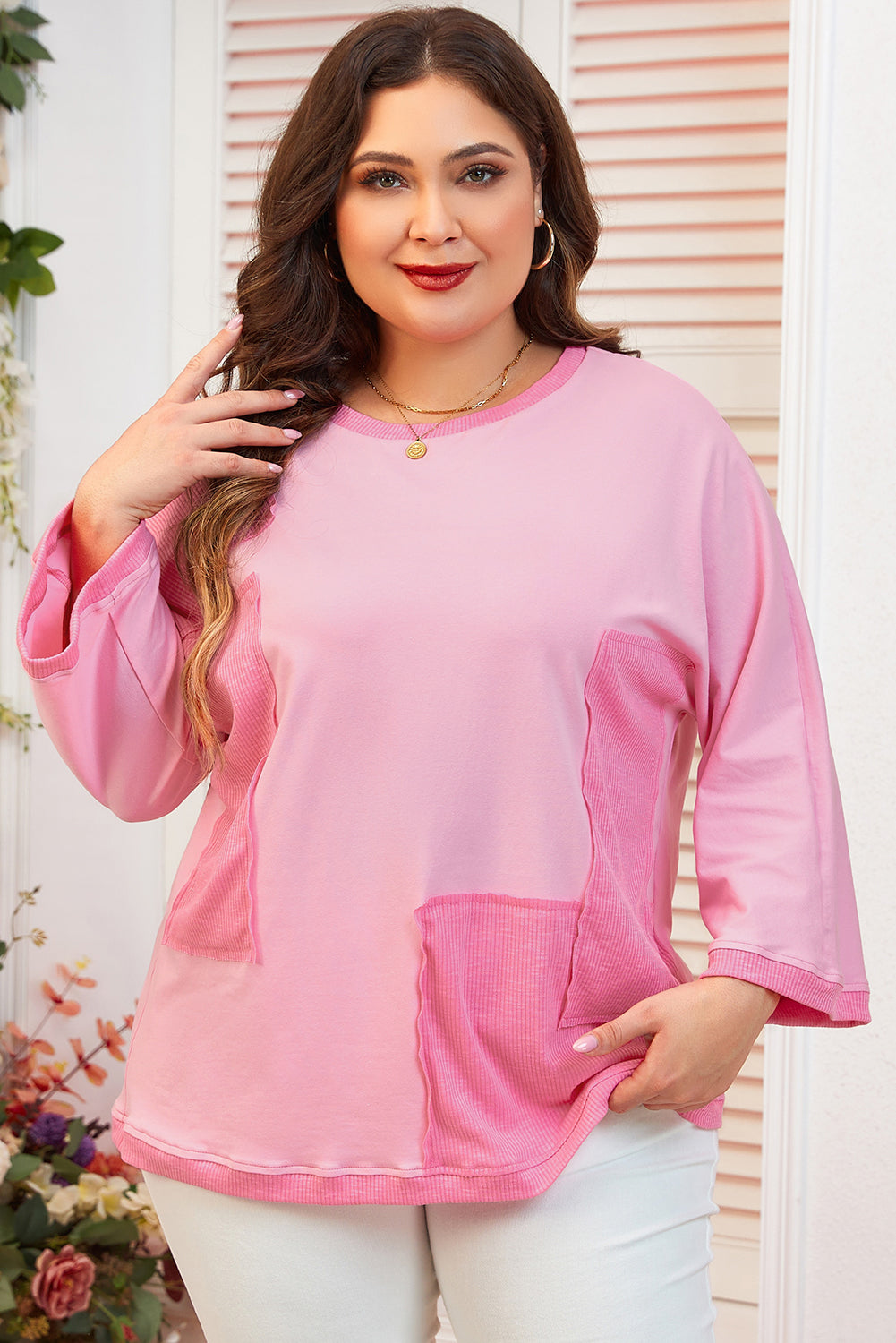 Oversized Patched High Low Bracelet Sleeve Plus Size T Shirt | Bonbon