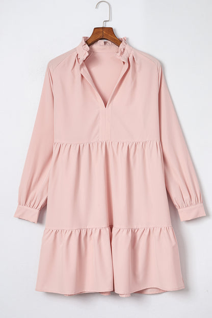 Frilled Stand Collar Long Sleeve Ruffle Dress | Pink