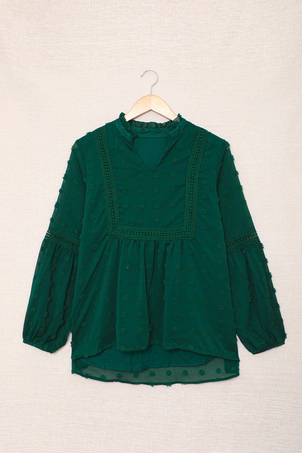 Ruffled Split Neck Lace Hollow Out Puff Sleeve Polka Dot Blouse | Green