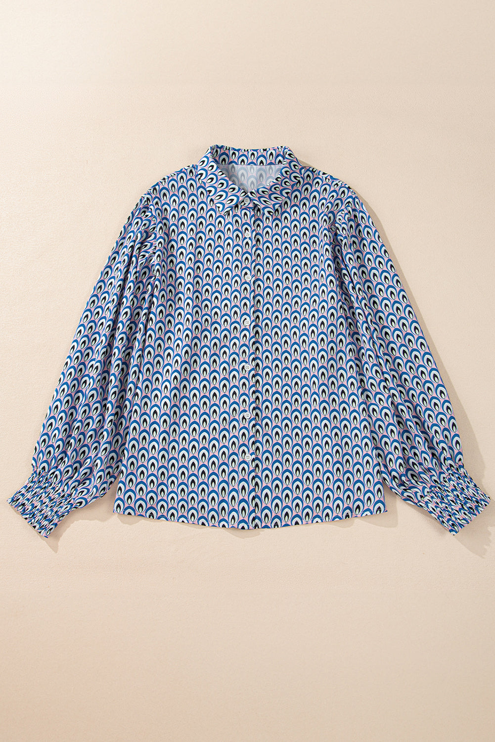 Abstract Print Shirred Cuff Buttoned Oversized Shirt | Sky Blue