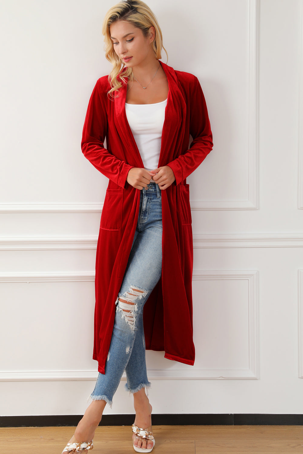 Fiery  Velvet Open Front Pocketed Long Duster | Red