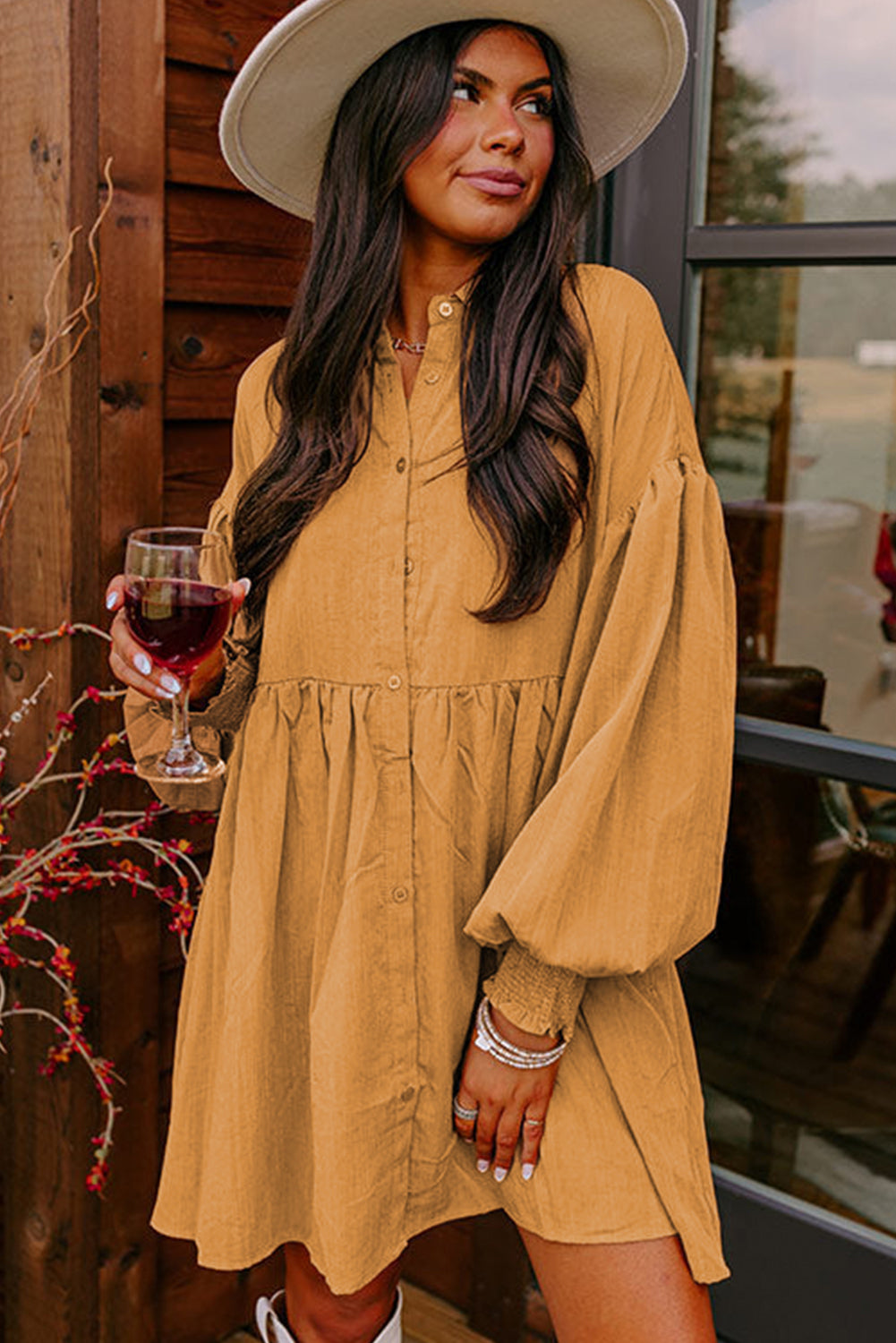 Loose Bishop Sleeve Shirt Dress | Light French Beige