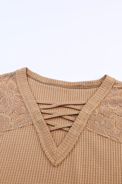 Lace Waffle Patchwork Strappy V Neck Long Sleeve Top | Apricot