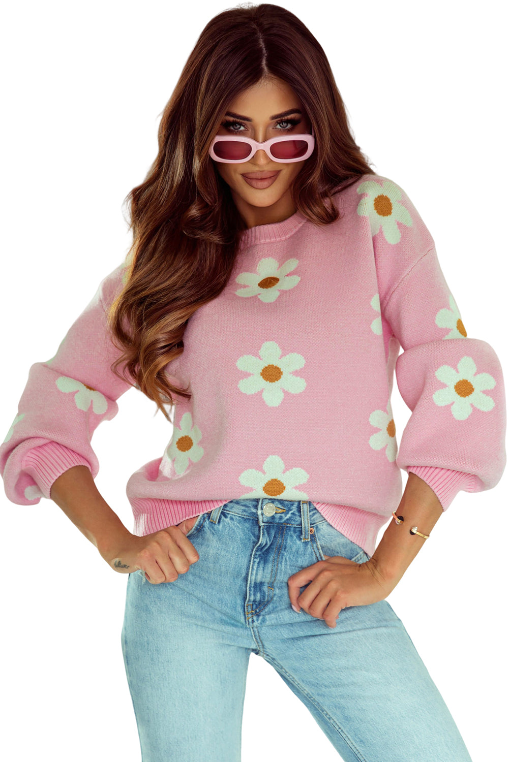 Floral Pattern Drop Shoulder Sweater | Pink