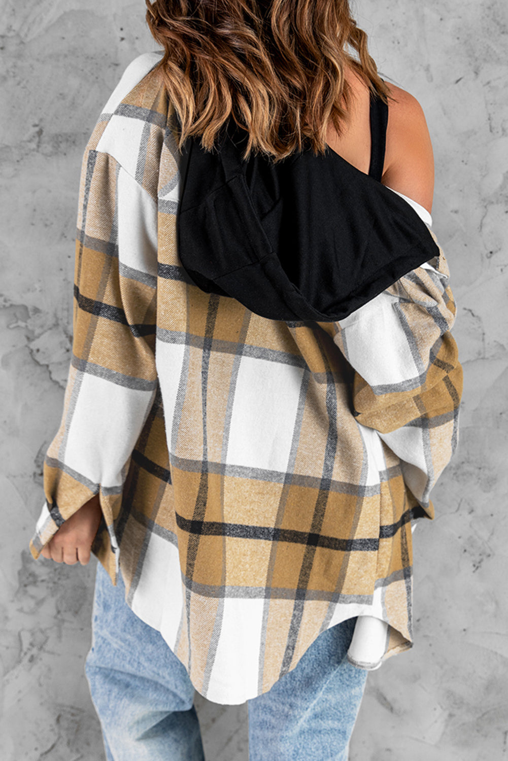 Plaid Button-Up Pocket Hooded Shirt Jacket | White