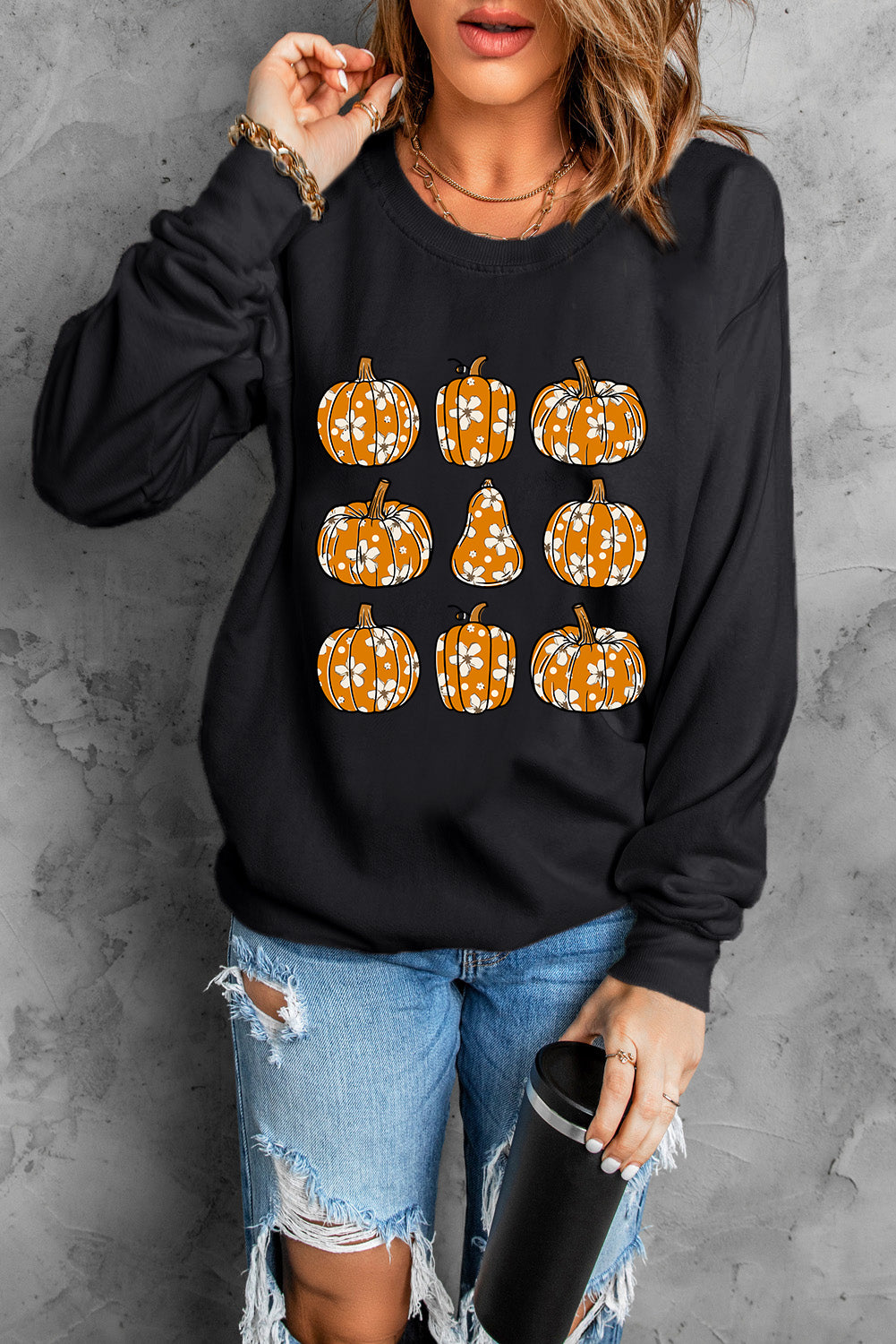 Floral Pumpkin Graphic Round Neck Halloween Sweatshirt | Black