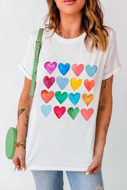 Colourful Heart Shaped Print Crew Neck T Shirt | White