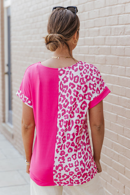 Half Leopard Patchwork Short Sleeves Top | Rose