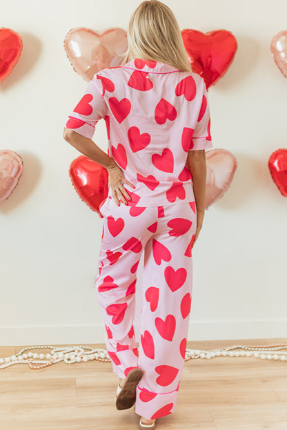 Classic Heart Valentines Short Sleeve Pants Pajamas Set | Pink