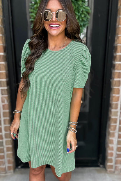 Corded Knit Crew Neck Puff Sleeve Shift Mini Dress | Mint Green