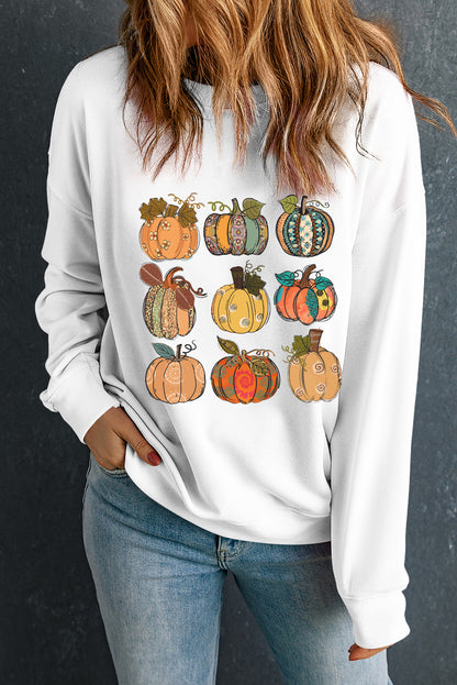 Thanksgiving Pumpkin Print Drop Shoulder Sweatshirt | Beige