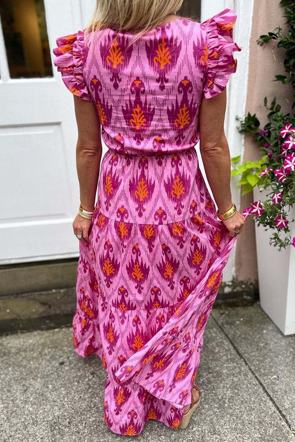 Retro Print Twisted Front Ruffled Sleeve Maxi Dress | Bonbon