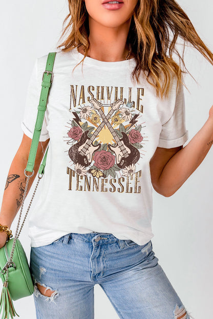 Nashville Tennessee Guitar Rose Graphic Crewneck Tee | White