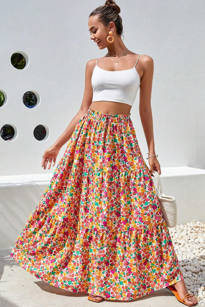 Boho Floral Print Tiered Long Skirt | Yellow