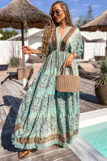 Boho Floral Print Lace-Up Open Back High Waist Maxi Dress | Green