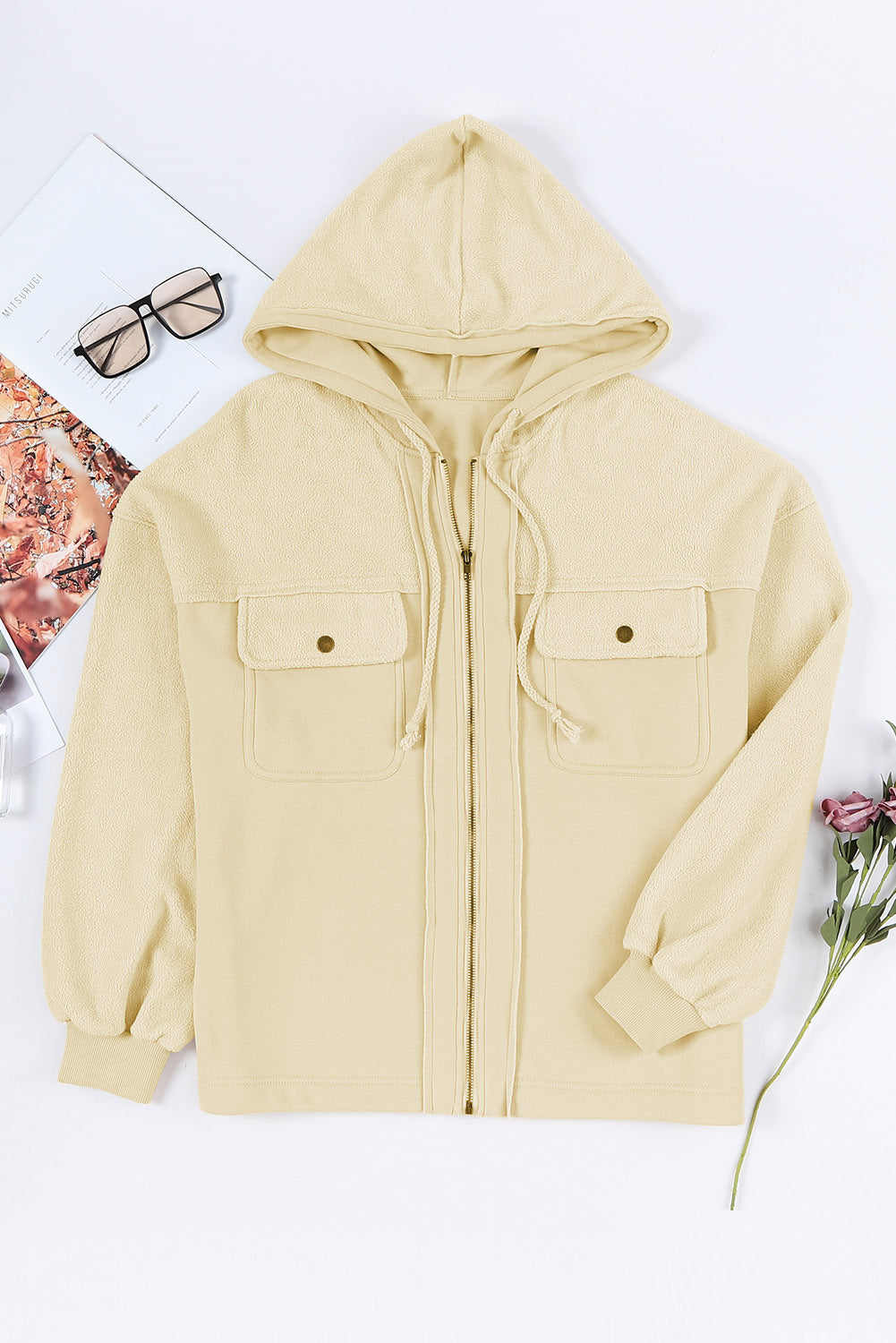 Flap Pocket Drawstring Hood Zip Up Jacket | Apricot