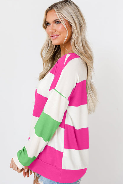 Colourblock Striped Drop Shoulder Long Sleeve Top | Rose Red