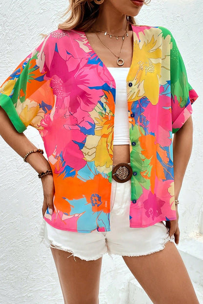 Floral Print Folded Short Sleeve Shirt | Multicolour