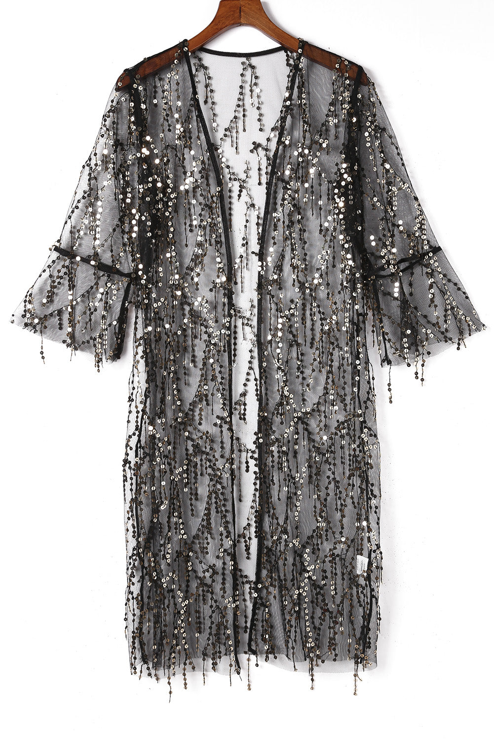 Sequin Sheer Long Sleeve Open Front Kimono | Black