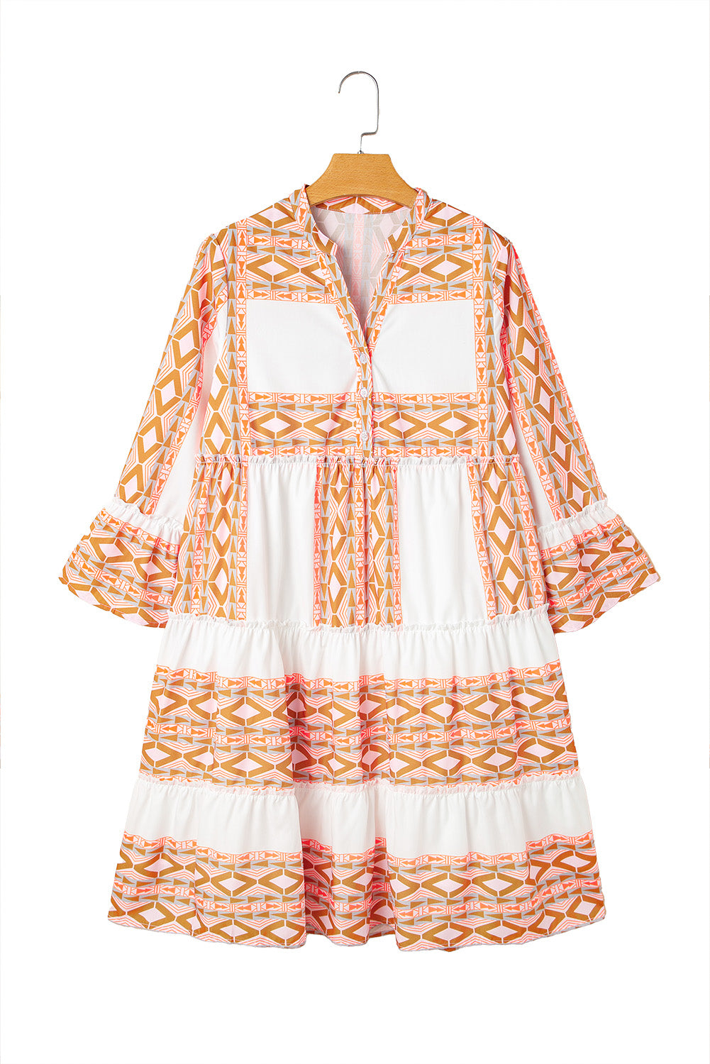 Geometric Print Ruffle Tiered Button V Neck Dress | Orange