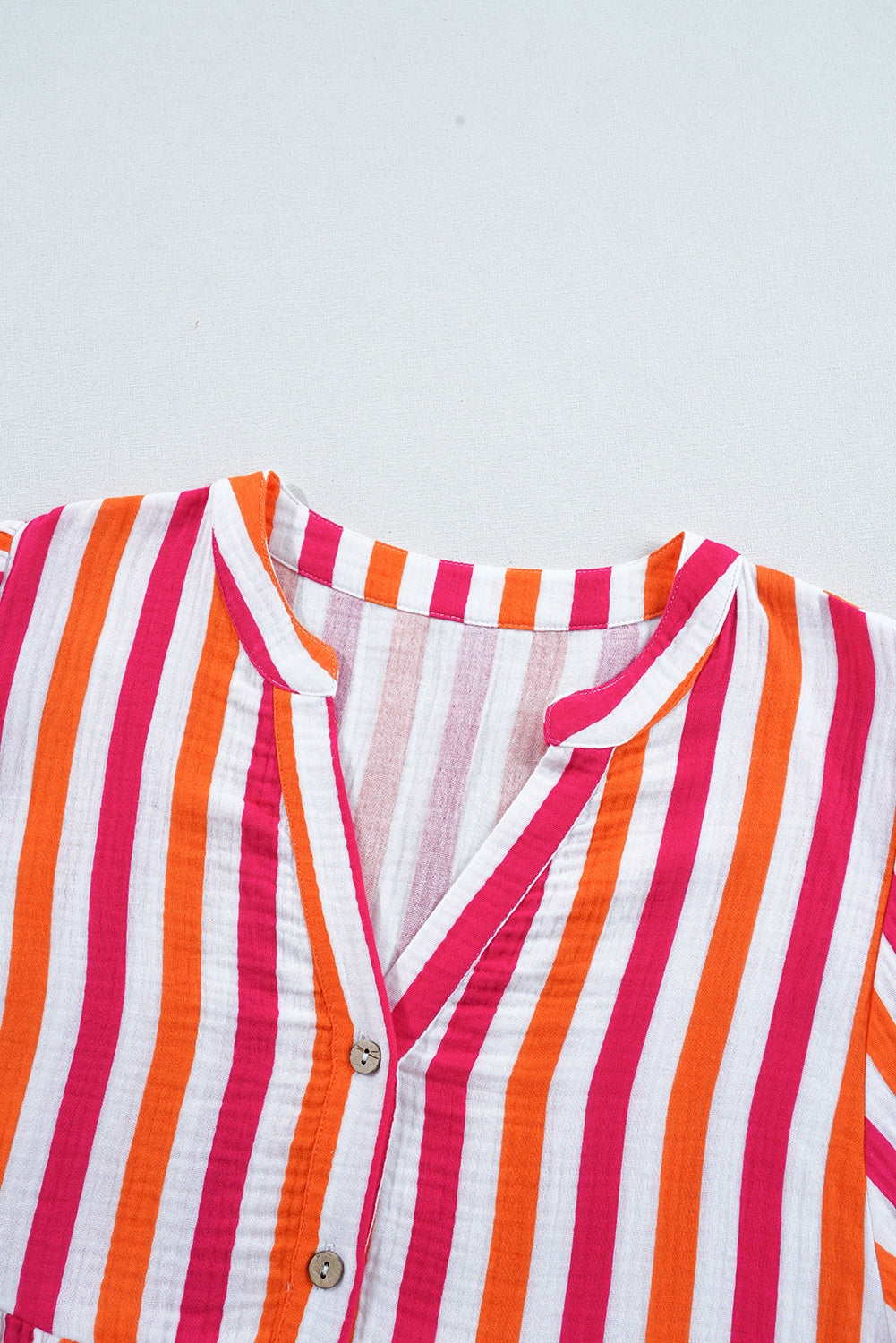 Balloon Sleeve Notched V Neck Buttoned Front Blouse | Orange Stripe