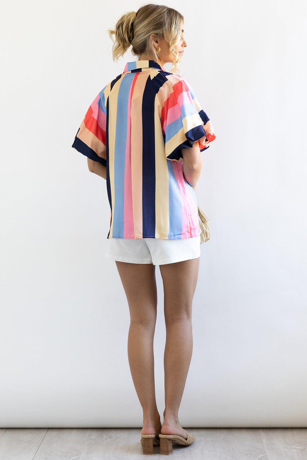 Colour Block Striped Puff Sleeve Buttoned Shirt | Multicolour