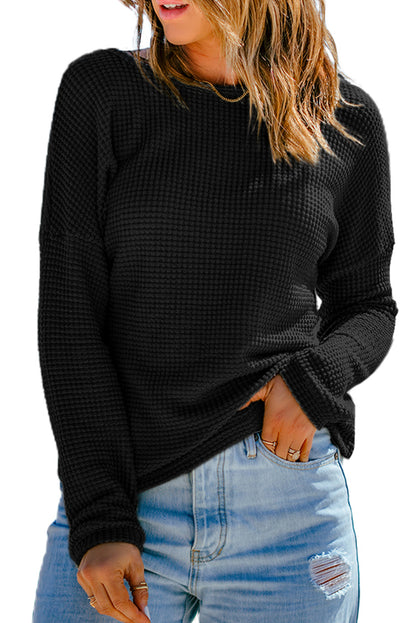 Waffle Knit Drop Shoulder Long Sleeve Top | Black