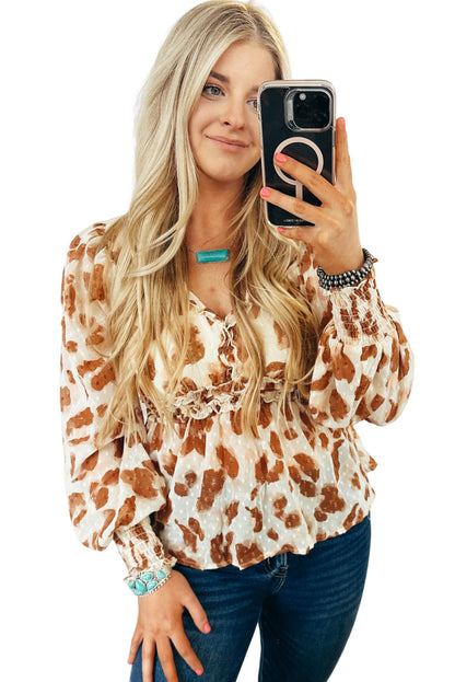 Jacquard Puff Sleeve Peplum Blouse | Leopard