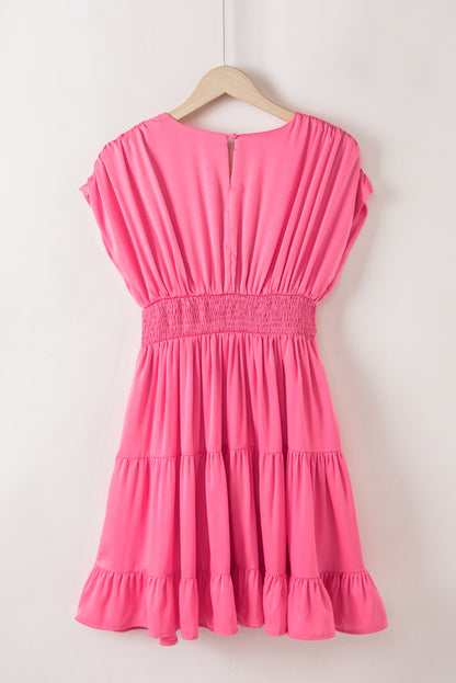 Ruched Sleeve V Neck Smock Waist Tiered Ruffled Dress | Strawberry Pink